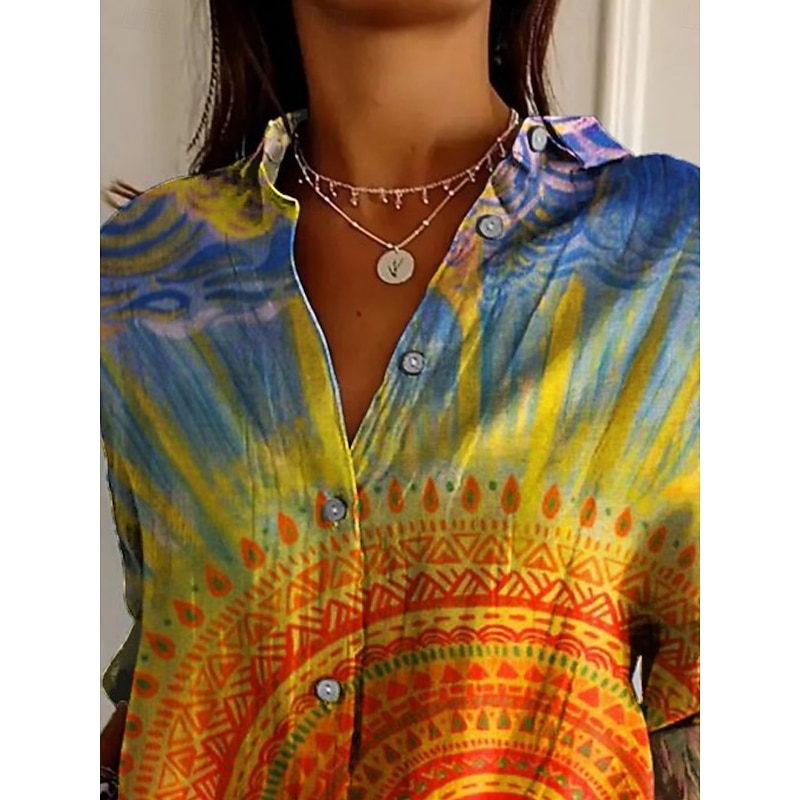 Women's Shirt Graphic Sun Retro Vintage Ethnic Long Sleeve Shirt Collar Regular Tops Daily Holiday Buttons Print Yellow Summer2