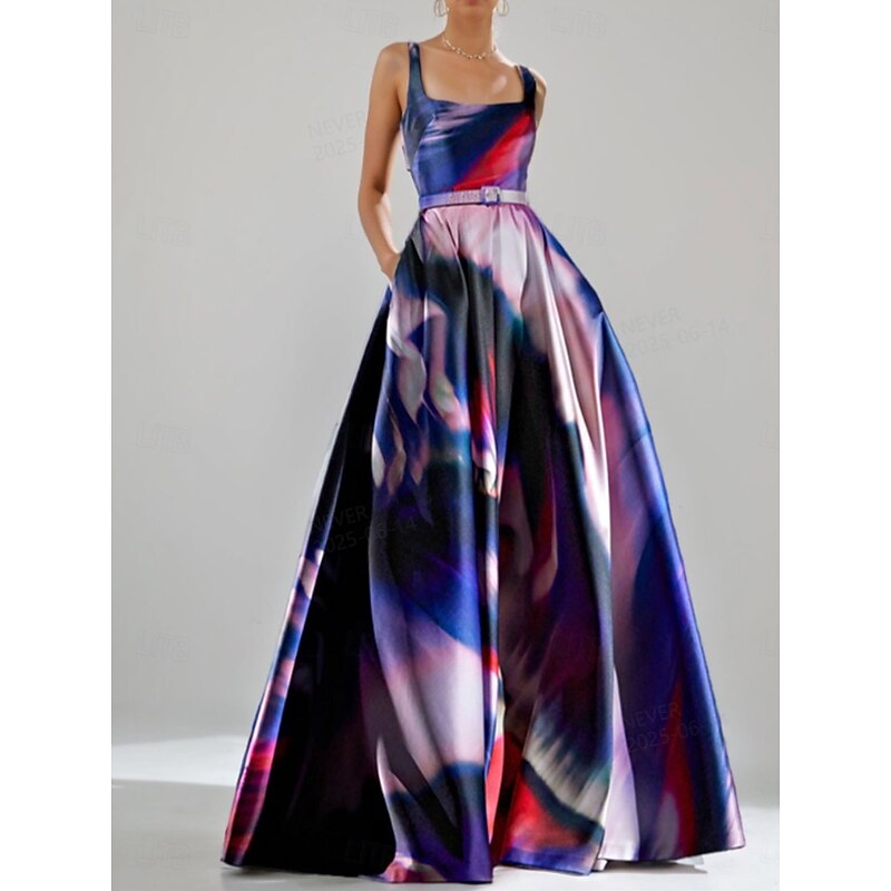 A-Line Evening Gown Elegant Dress Formal Wedding Floor Length Sleeveless Square Neck Satin Backless with Pleats - Main Image