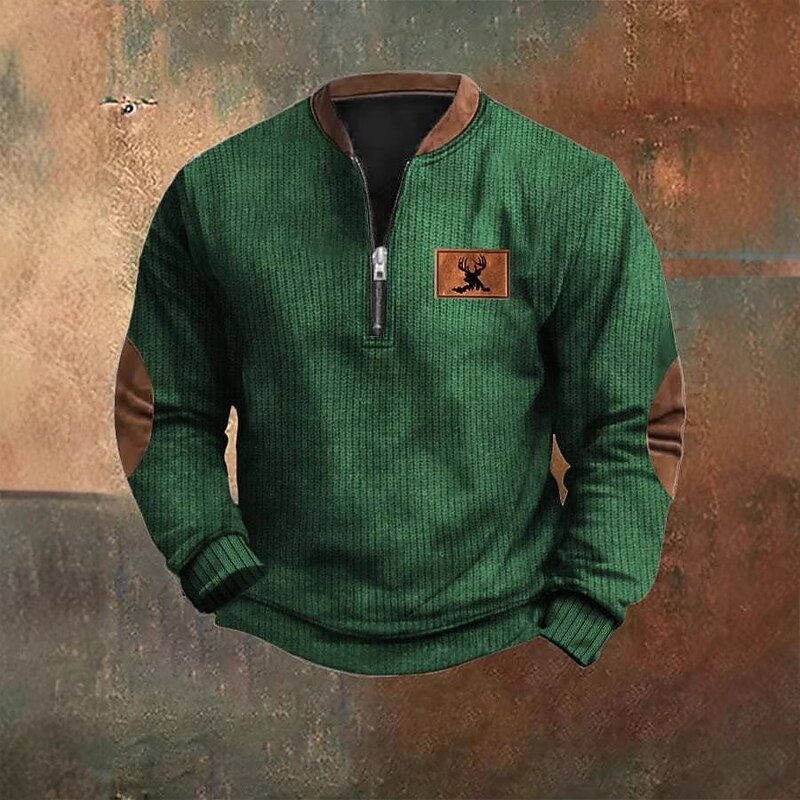 Men's Sweatshirt Quarter Zip Sweatshirt Black Army Green Navy Blue Gray Half Zip Color Block Reindeer Half Zip Print Sports & Outdoor Daily Holiday Polyester Vintage Streetwear Casual Fall & Winter2