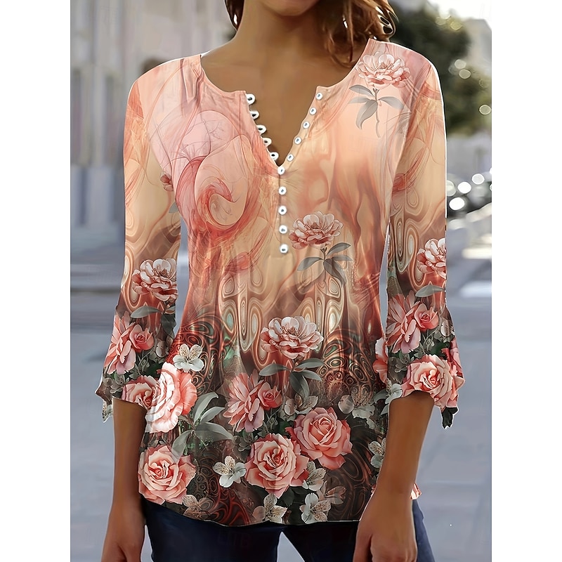 Women's Blouse V Neck Floral Graphic Elegant Stylish Casual 3/4 Length Sleeve Crew Neck Regular Tops Daily Going out Buttons Pink Blue Orange Summer Spring Fall