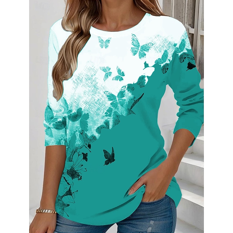 Women's T shirt Long Sleeve Crew Neck Long Sleeve Tunic Floral Elegant Cute Regular Tops Daily Going out Weekend Print Black Red Blue Purple Green Spring Fall Prefall4