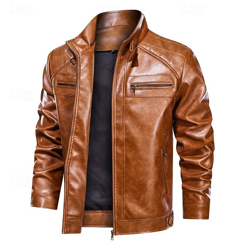 Men's Faux Leather Jacket Biker Jacket Red Leather Jacket Motorcycle Jacket Vacation Daily Windproof Warm Pocket Fall Winter Plain Fashion Classic Stand Collar Regular Black Red Brown Jacket4