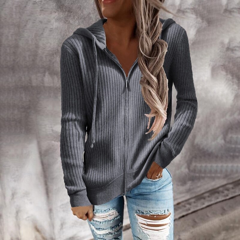 Women's Cardigan Casual Solid Color Crochet Hooded Zipper Knitted Long Sleeve Regular Tops Knit Outdoor Holiday Weekend Black White Fall4