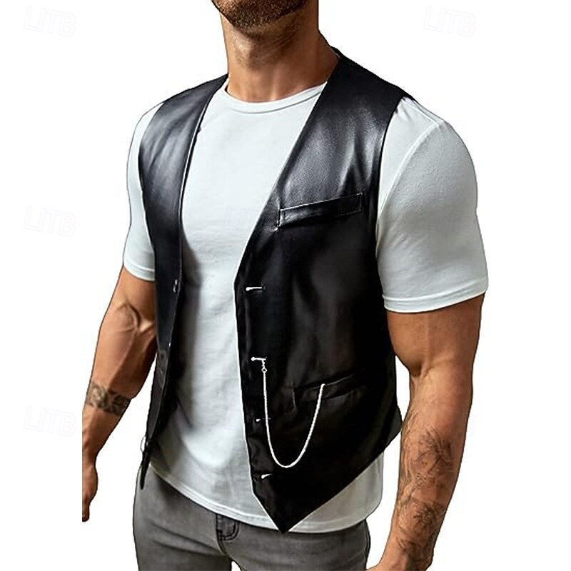 Men's Faux Leather Jacket Vest Waistcoat Gilet Vacation Daily Fashion Casual Spring Fall Pocket Buttons PU Leather Comfortable Solid Color Single Breasted One-button Lapel Regular Fit Light Coffee2