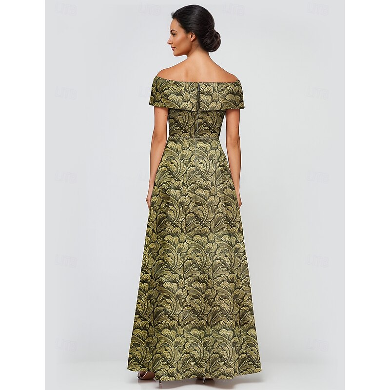 Jacquard Brocade Floral A-Line Cocktail Dresses Elegant Dress Formal Wedding Floor Length Short Sleeve Off Shoulder Nylon with Pocket3