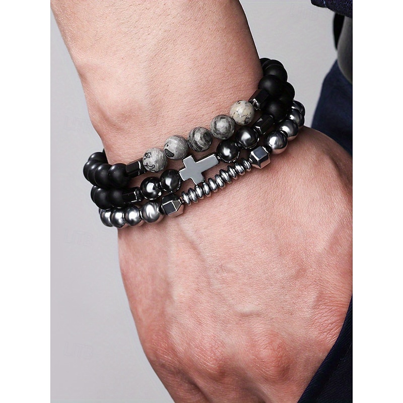 Men's Obsidian Beaded Cross Bracelet Set - Multi-layered matte obsidian and metal beads with grey gemstone decoration, Stretch design, Bohemian style, Ssuitable for daily wear or casual outing3