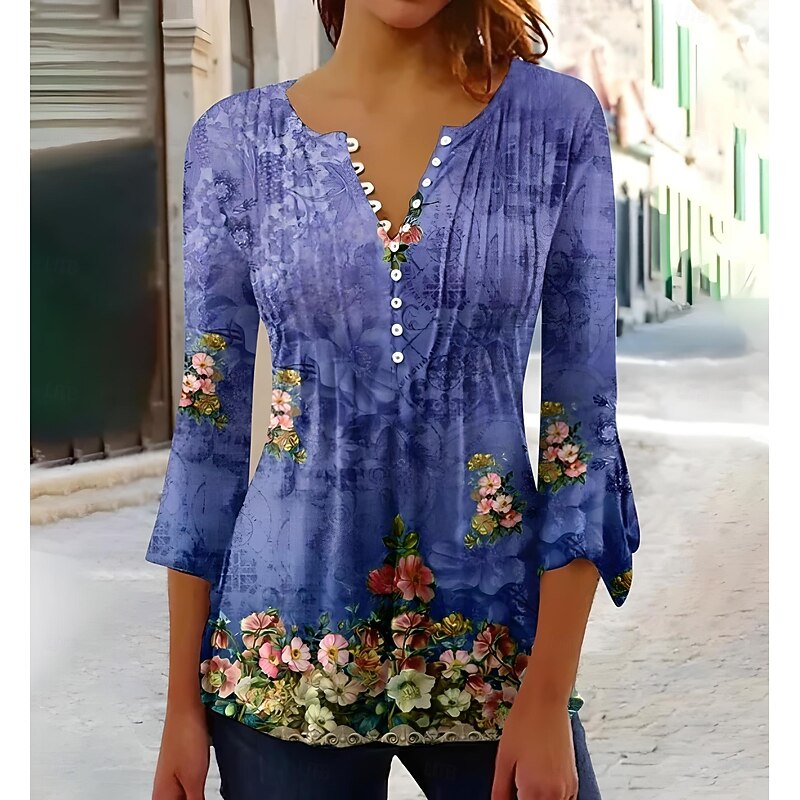 Women's Blouse V Neck Ombre Floral Graphic Elegant 3/4 Length Sleeve Regular Tops Daily Going out Buttons Black White Blue Purple Green Summer Spring Fall4