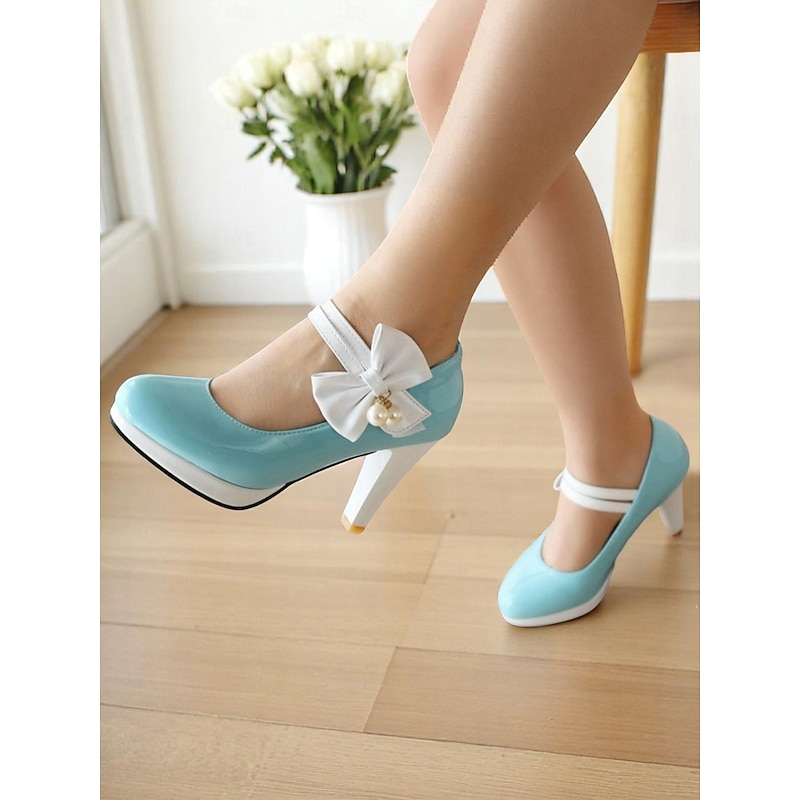 Women's 1950s Vintage  Blue Patent Leather Heels with White Bow and Pearl Detail – Retro Platform Pumps for Parties, Weddings, and Daily Elegance2