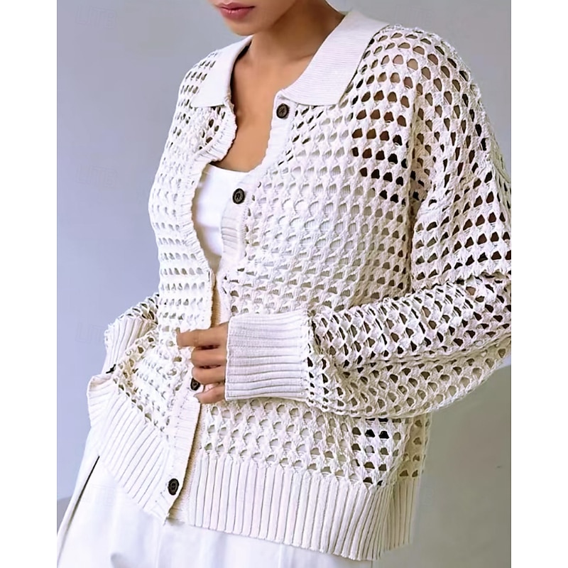 Women's Cardigan Fashion Solid Color Ribbed Shirt Collar Hollow Out Buttons Knitted Long Sleeve Regular Tops Knit Outdoor Daily Holiday White Fall2