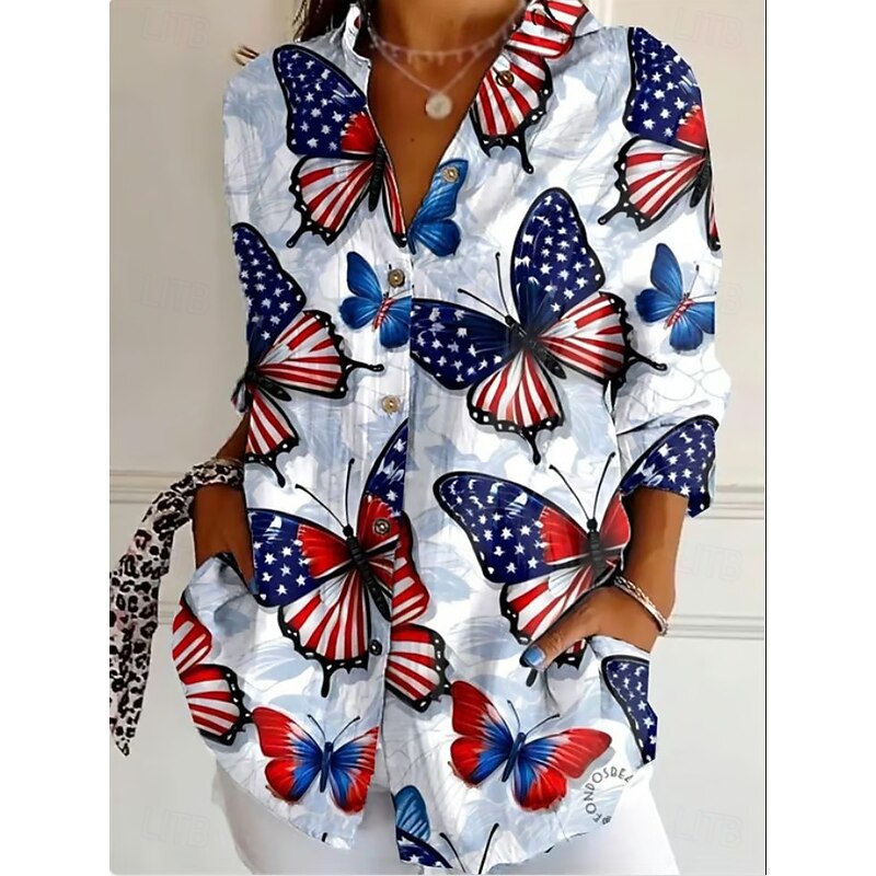 Women's Patriotic Shirt Graphic Flag Vintage Tropical Stylish Regular Tops Work Daily s Print Black White Red Light Blue Fall3