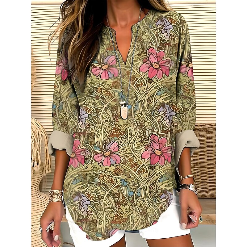 Women's Blouse Tunic V Neck Long Sleeve Boho Casual Summer Tops Floral Graphic Vintage Tropical Regular Tops Daily Wear Print Pink Blue Sky Blue Khaki Beige3