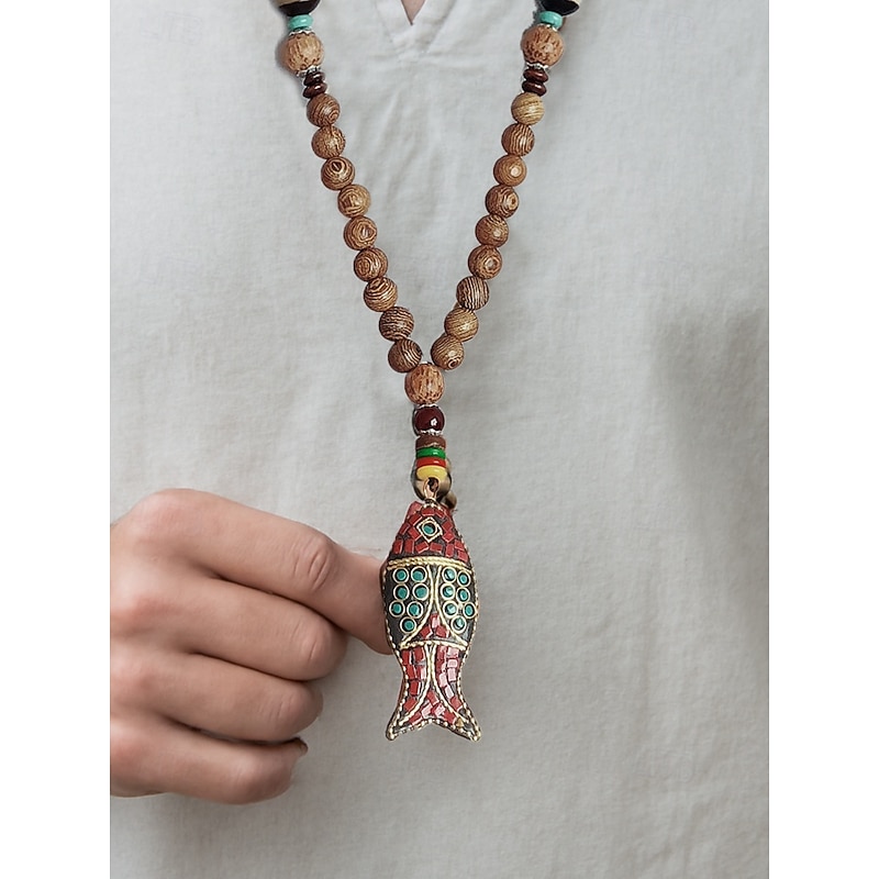 Men's Tribal Beaded Pendant Necklace – Handmade Ethnic Wooden Beads with Turquoise Accents, Bohemian Style for Casual Wear, Yoga, Meditation or Festival Outfits4