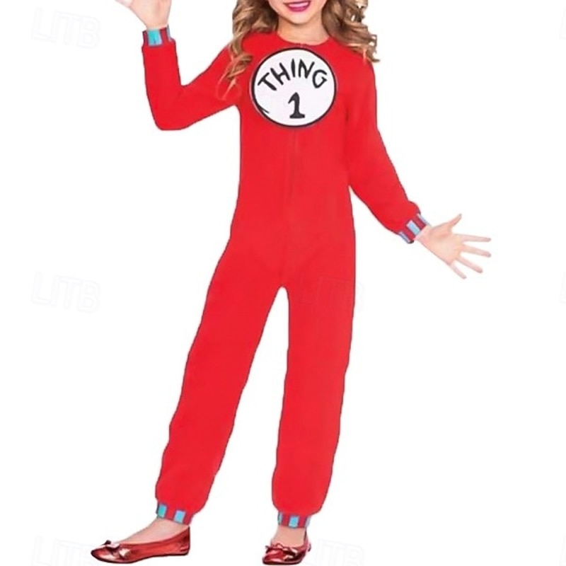 The Cat in the Hat Thing 1 Thing 2 Group Costume Jumpsuit Onesie Costume Storybook Characters Movie Cosplay for Boys Girls' Kid's Halloween Carnival World Book Day Performance Educational Dress Up
