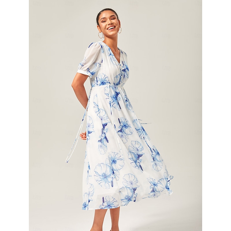 Blue Floral Ink-Wash Chiffon Maxi Dress