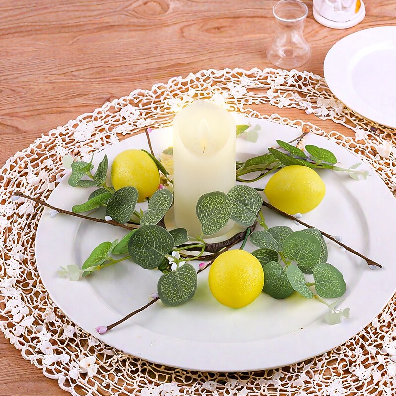 Lemon Floral Candle Ring Decoration, Faux Flower Candle Wreath with Greenery and Twigs, Holiday Table Centerpiece for Spring Summer Party Decor4