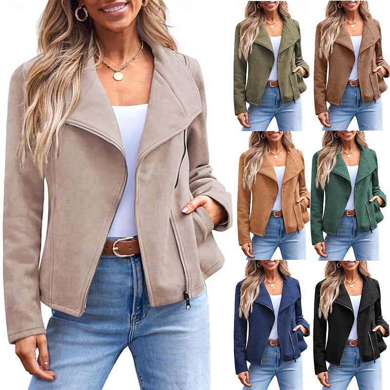Women's Casual Jacket Comfortable Breathable Zipper Pocket Casual Plain Vacation Street Casual Daily Wear Zipper Short Lapel Regular Fit Long Sleeve Outerwear Black Brown Army Green Spring Fall - Main Image
