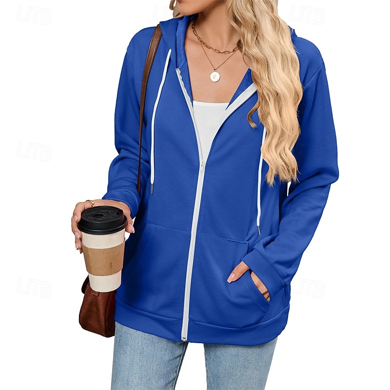 Women's Zip Up Sweatshirts Plain Streetwear Casual Comfy Long Sleeve Hooded Regular Tops Street Holiday Going out Zip Up Pocket Black Pink Wine Navy Blue Blue Fall3