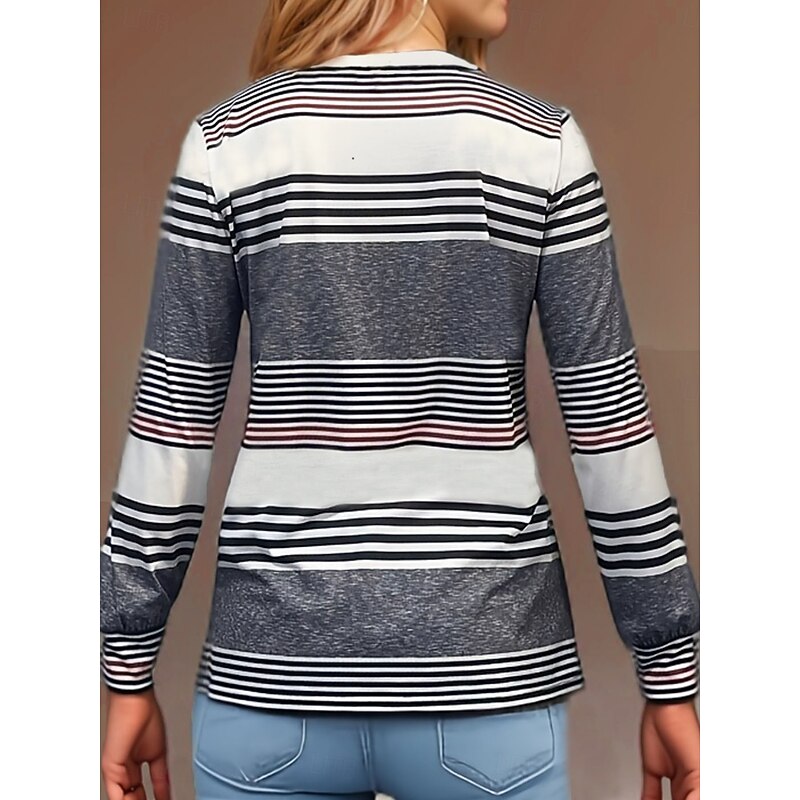 Women's Shirt Striped Stylish Casual Long Sleeve Crew Neck Regular Tops Daily Buttons Print Red Green Gray Spring Fall Prefall3