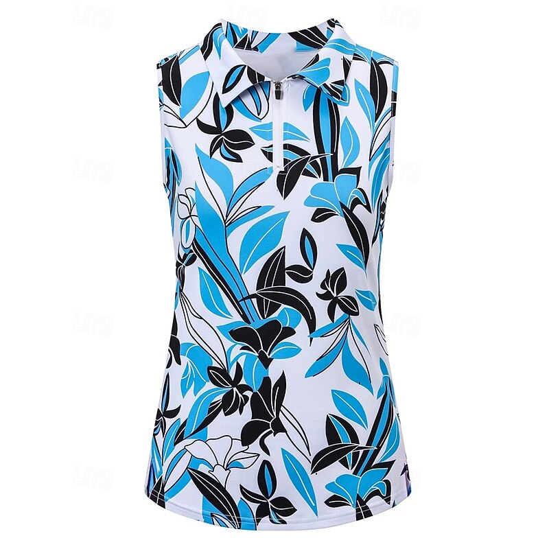 Women's Graphic Floral Botanical Sport Shirt Golf Polo Shirt Tennis Shirt Sleeveless Zipper High Elasticity Moisture Wicking Breathable Tennis Golf Pickleball Turndown Zip Collar Shirt Top Blue Purple
