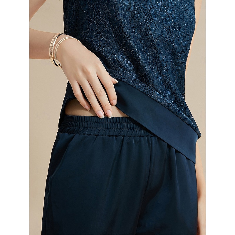 Women's Culottes Wide Leg Wide Leg Dress Pants Elegant Fashion Formal Full Length Mid Waist Solid Color Pocket Elastic Waist Micro-elastic Formal Wedding Business Navy Blue Spring, Fall, Winter3