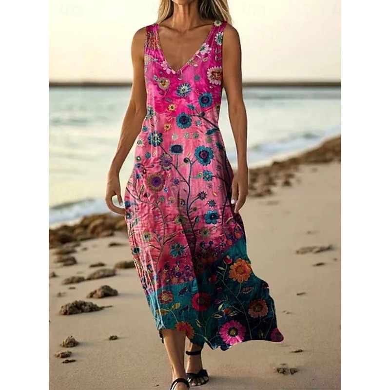 Women's Long Dress Maxi Dress Casual Dress Tank Dress Summer Dress Fashion Daily Holiday Beach Regular Fit Floral Sleeveless V Neck Light Green Pink Red Blue Summer3