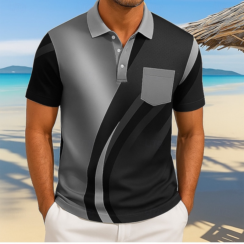 Men's Abstract Line Polo Short Sleeve Polo Shirts Collared Shirts Casual Resort Outdoor Athleisure Daily Wear Pocket 3D Print Buttons Summer Dark Brown Gray