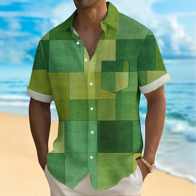 Men's Geometric Color Block Shirt Summer Shirt Button Up Shirt Short Sleeve Fashion Casual Outdoor Vacation Dailywear Summer Spring Turndown 3D Print Collared Shirts Front One Pocket Blue Green2