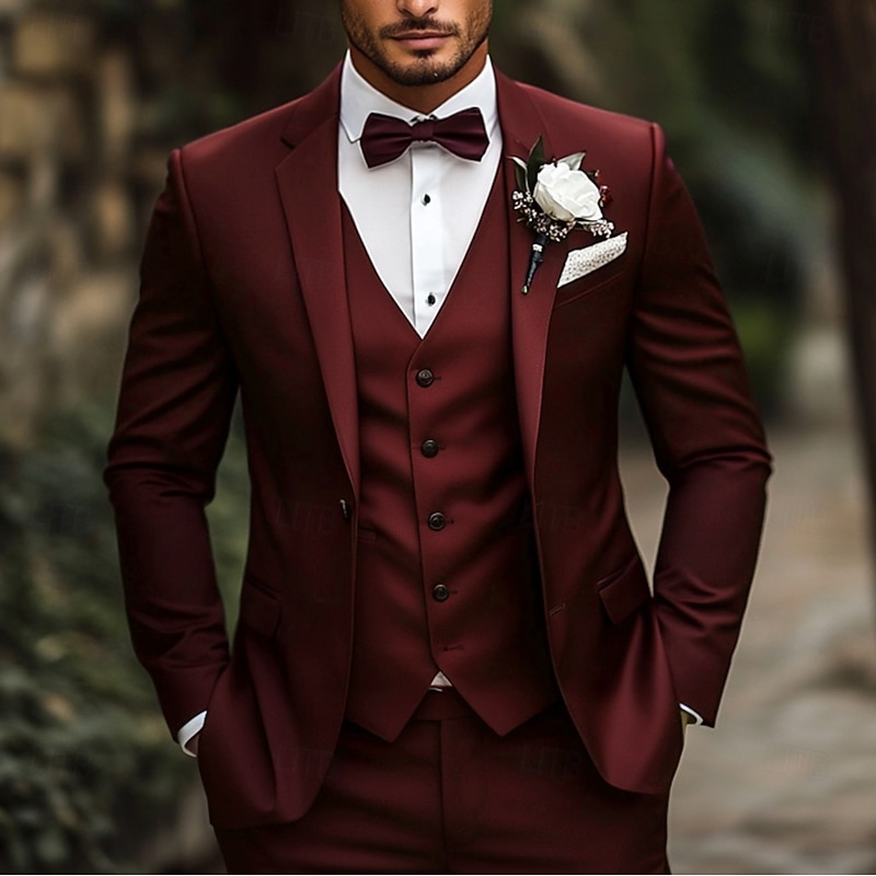 Men's Wedding Party Suits Burgundy Grape Purple Fashion Formal Solid Colored Standard Fit 3 Piece Single Breasted One-button4