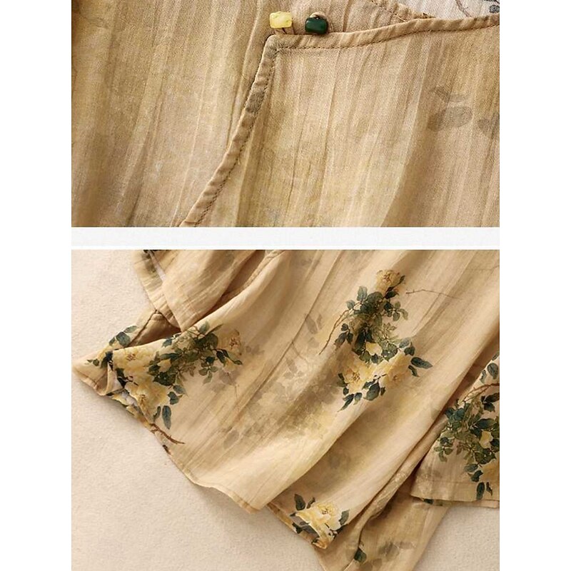 Women's Cotton Linen Shirts Floral Casual 3/4 Length Sleeve Crew Neck Regular Tops Daily Buttons Print Yellow Pink Green Summer2