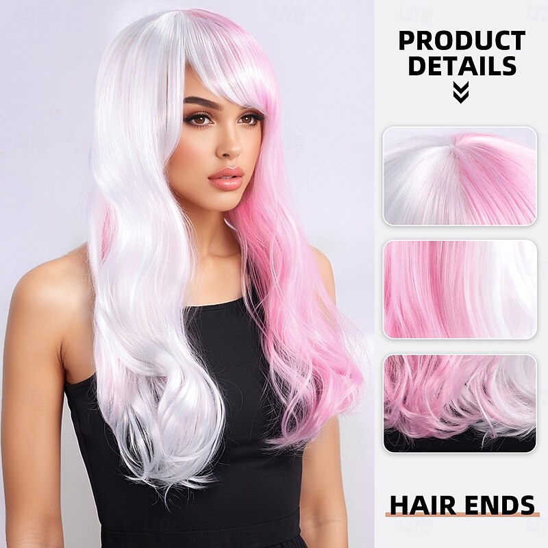 Synthetic Wig Wavy Bouncy Curl Layered Haircut With Bangs Machine Made Wig 20 inch A1 Synthetic Hair Women's Classic Adorable Comfortable Pink2