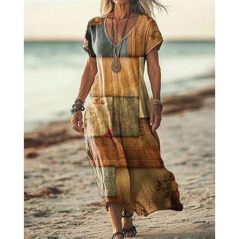 Women's Long Dress Maxi Dress Casual Dress Summer Dress Fashion Outdoor Party Holiday Regular Fit Flower Short Sleeve V Neck Yellow Blue Purple Brown Summer3