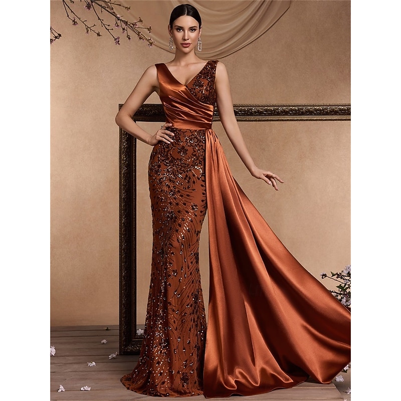 Mermaid / Trumpet Quinceanera Dresses Elegant Dress Formal Wedding Floor Length Sleeveless V Neck Satin with Slit4