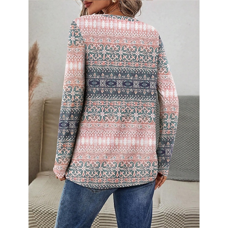 Women's T shirt Long Sleeve Crew Neck Long Sleeve Tunic Graphic Geometric Stylish Casual Trendy Regular Tops Daily Weekend Print Pink Blue  Fall Prefall2
