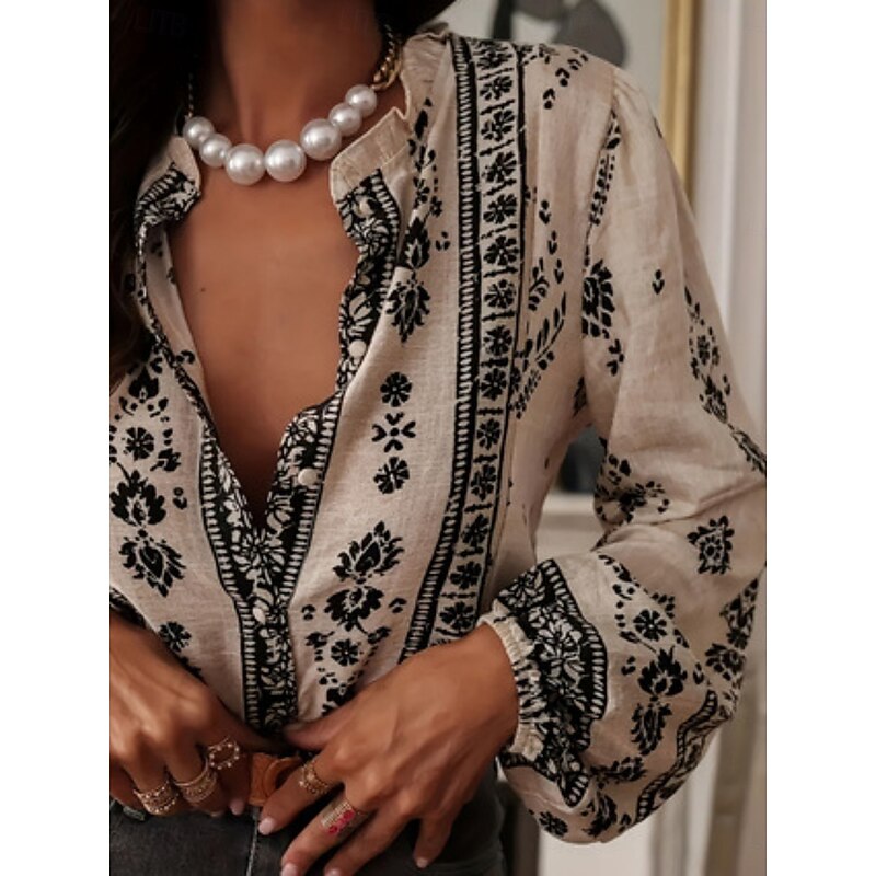 Women's Shirt Button Down Blouse Floral Bohemia Vintage Stylish Long Sleeve Shirt Button Down Blouse Collar Regular Tops Daily Holiday Buttons Print Black Apricot Summer Spring2