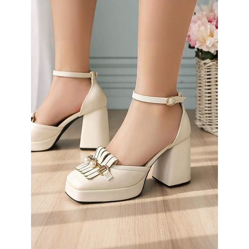 Women's 1950s Vintage Chunky Heel Platform Loafers – Cream Faux Leather Round Toe Pumps with Pearl Tassel and Ankle Strap for Weddings, Parties, and Formal Events