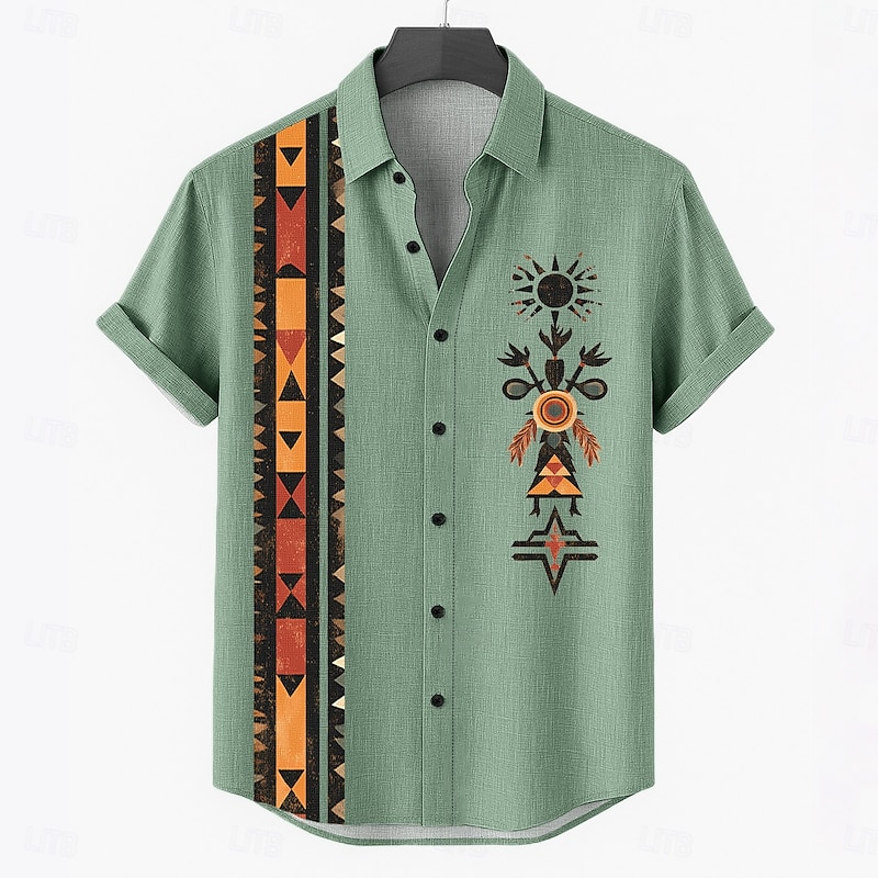 Men's Linen Shirt Summer Shirt Beach Wear Button Up Shirt Tribal Vacation Casual Brown Green Khaki Short Sleeve Turndown Summer Spring Clothing Apparel