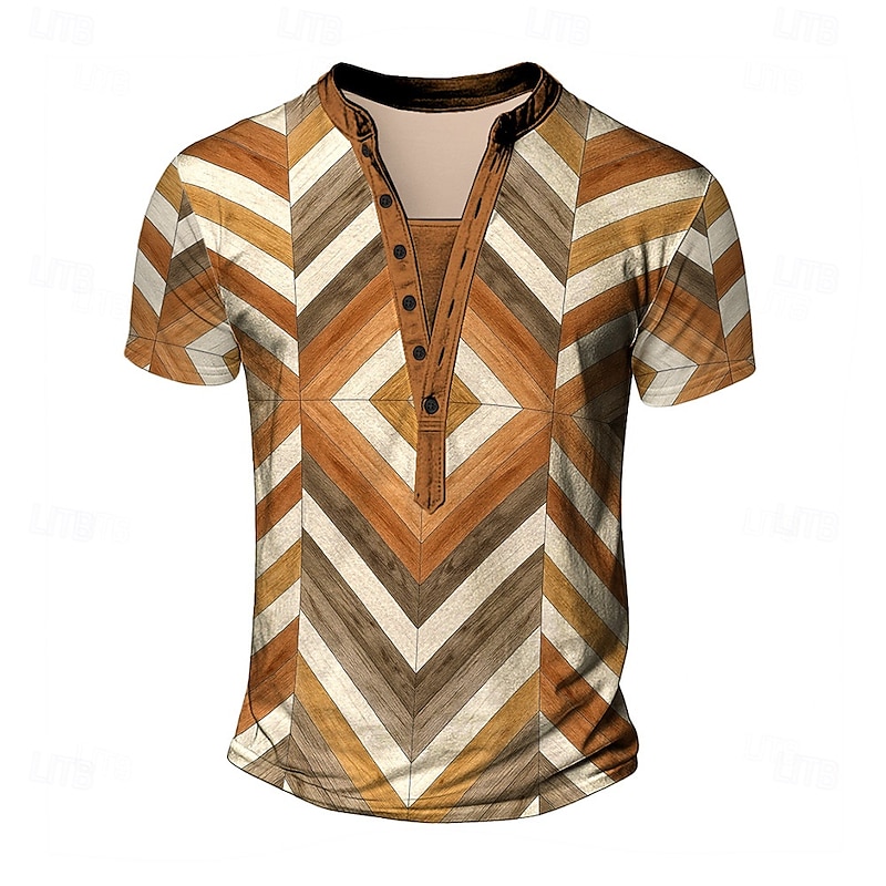 Men's Chevron Ethnic T Shirt Henley Shirt Tee Short Sleeve Designer Basic Ethnic Outdoor Casual Daily Summer All Seasons Blue Green Khaki Henley Henley T-Shirt