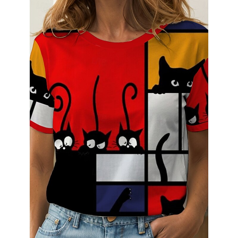 Women's T Shirt Graphic Geometric Cat Vintage Stylish Classic Short Sleeve Crew Neck Round Neck Regular Tops Daily Weekend Print Yellow Red Blue Summer Spring3