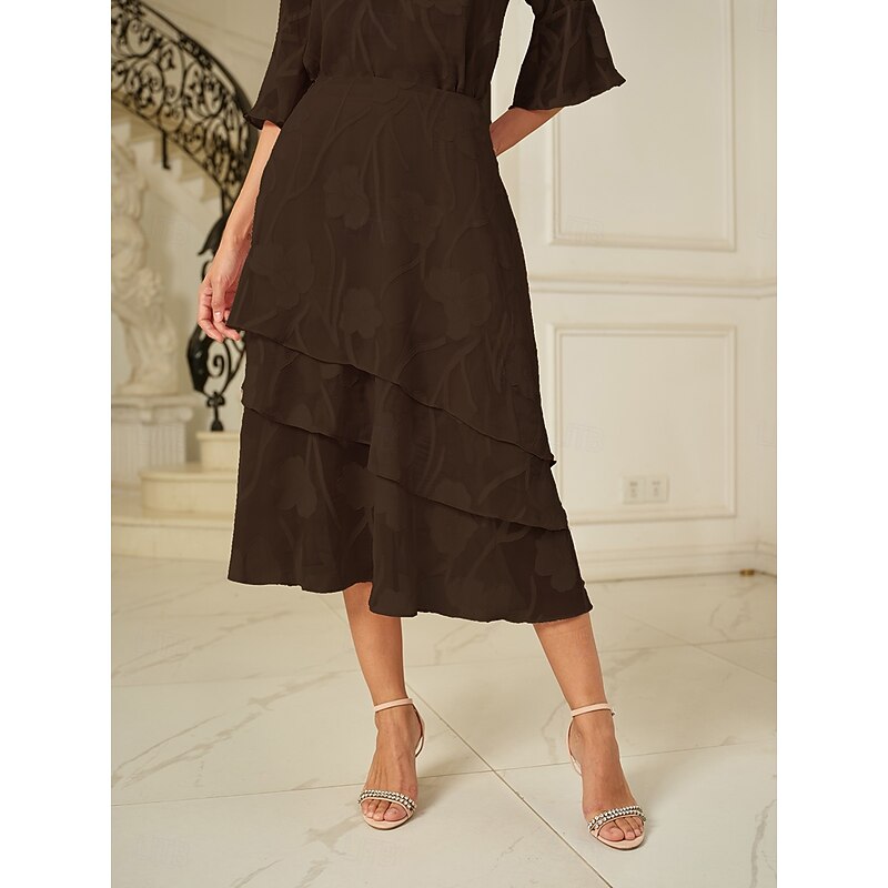 Women's Skirt Elegant Midi Mid Waist Skirts Floral Layered Inelastic Party Causal Brown Summer Chiffon2