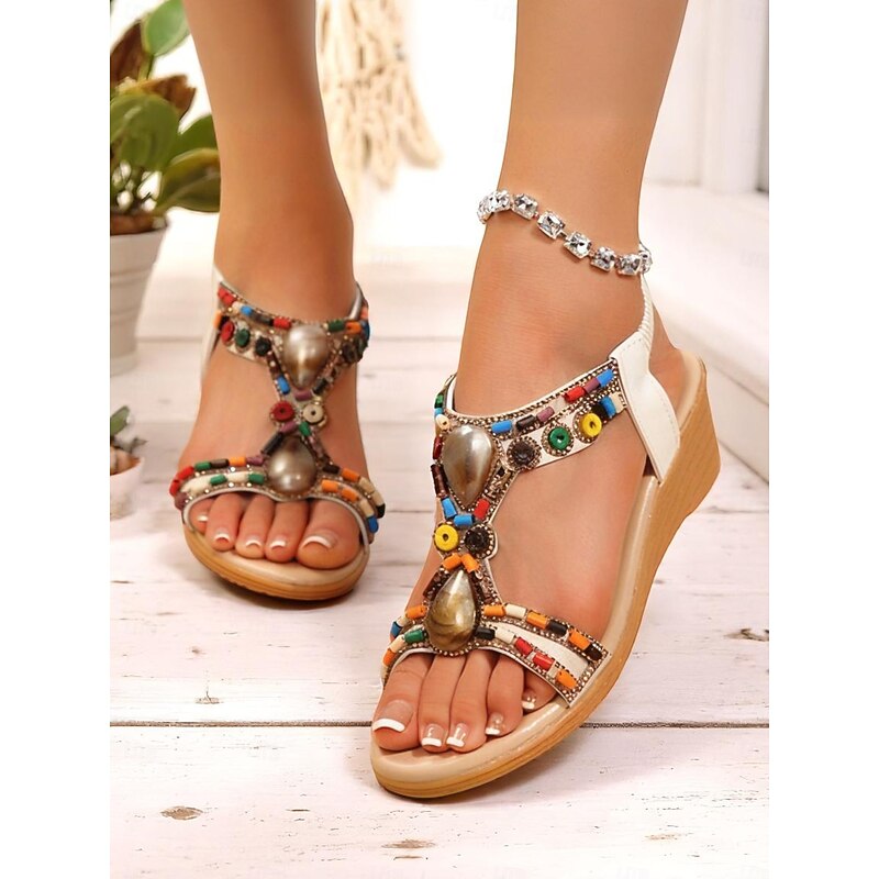 Women's Bohemian Wedge Sandals with Colorful Beaded Embellishments – Ethnic Style Open-Toe Summer Shoes for Beach, Vacations, and Casual Outings4