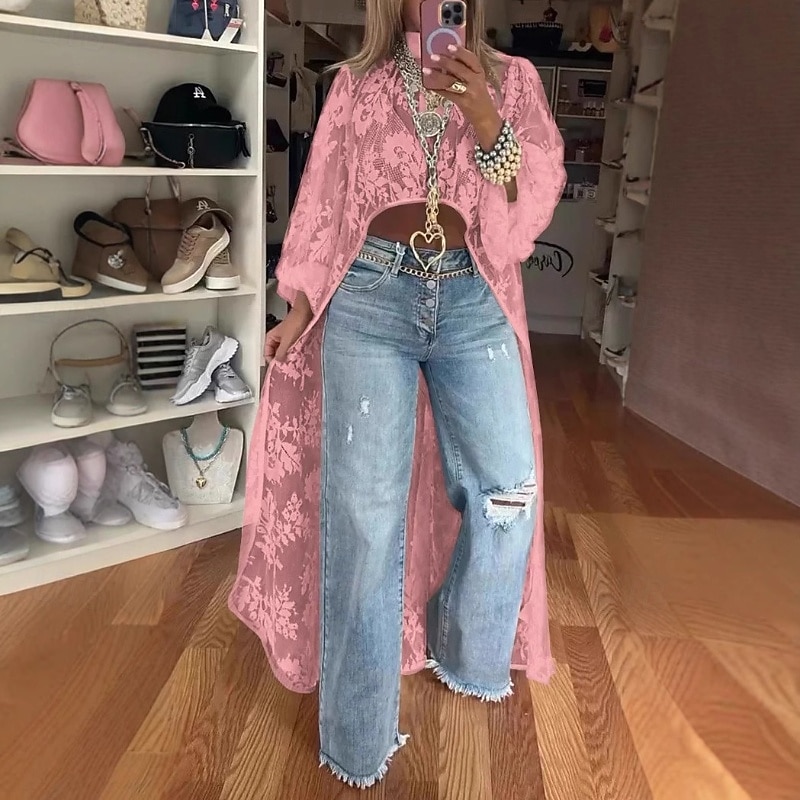 Women's Blouse Lace Tops Flower Modern Casual Long Sleeve Turtleneck Long Tops Daily Holiday Going out Lace Asymmetric Pink Orange Apricot Summer3