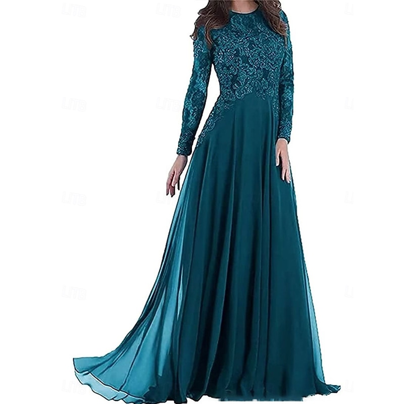 A-Line Mother of the Bride Dress Elegant Party Crew Neck Floor Length Lace Long Sleeve with Pleats4