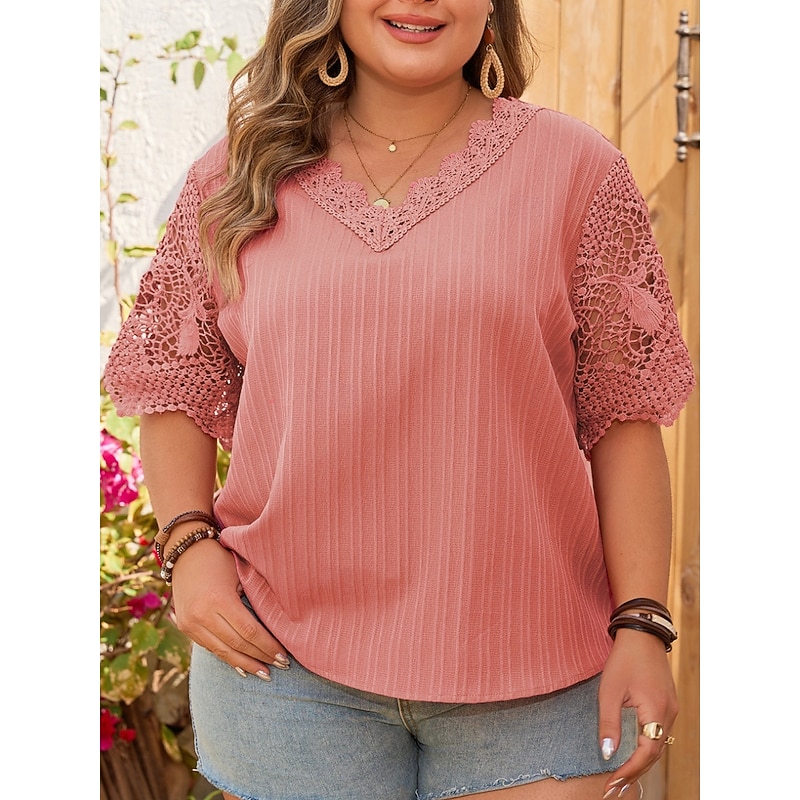 Women's Plus Size Tops Blouse Solid Color Lace Patchwork Half Sleeve V Neck Fashion Streetwear Daily Weekend Polyester Summer Fall Pink3