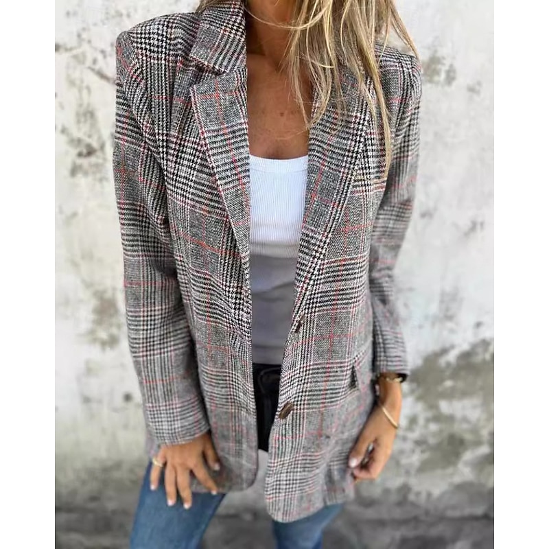 Women's Blazer Comfortable Pocket Fashion Houndstooth Work Street Single Breasted Regular Turndown Regular Fit Long Sleeve Outerwear Brown Gray Fall Winter4