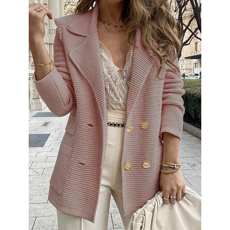 Women's Blazer Breathable Comfortable Pocket Casual Plain Office Street Casual Daily Wear Double Breasted Regular Turndown Regular Fit Long Sleeve Outerwear Black White Pink Summer4