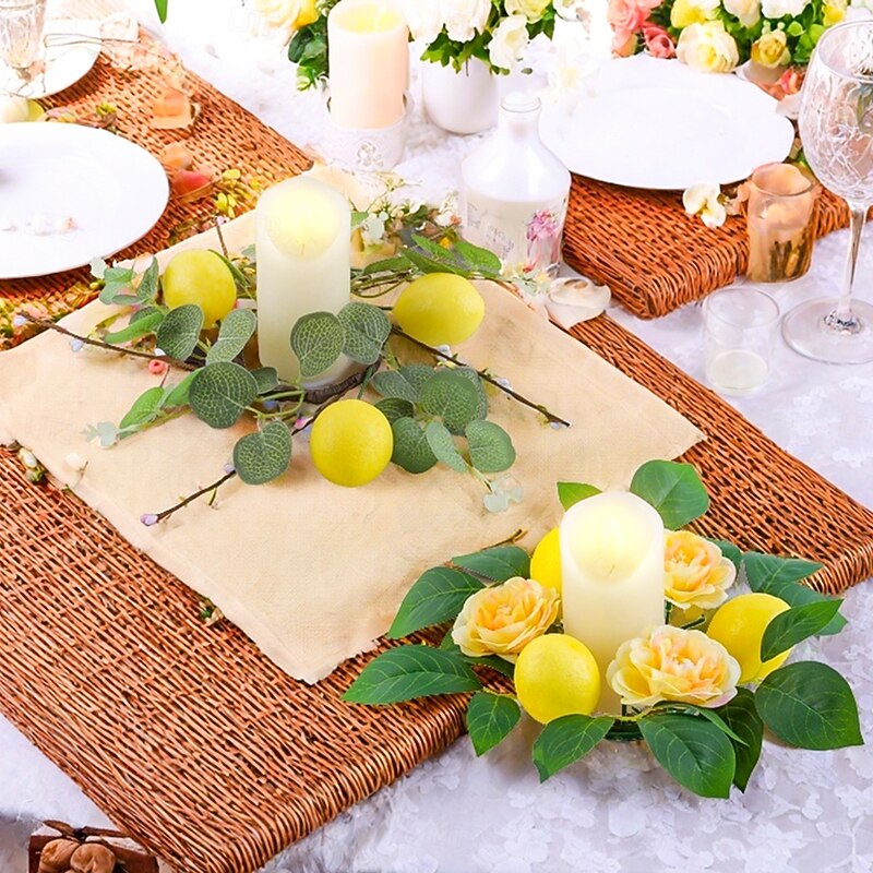 Lemon Floral Candle Ring Decoration, Faux Flower Candle Wreath with Greenery and Twigs, Holiday Table Centerpiece for Spring Summer Party Decor2