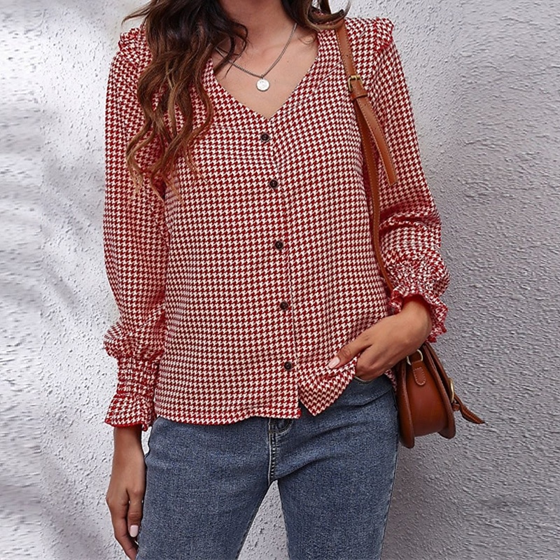 Women's Summer Tops Chiffon Tops Plaid Daily Stylish Basic Long Sleeve V Neck Regular Tops Work Daily Holiday Print Black And White Black Red Spring Fall2