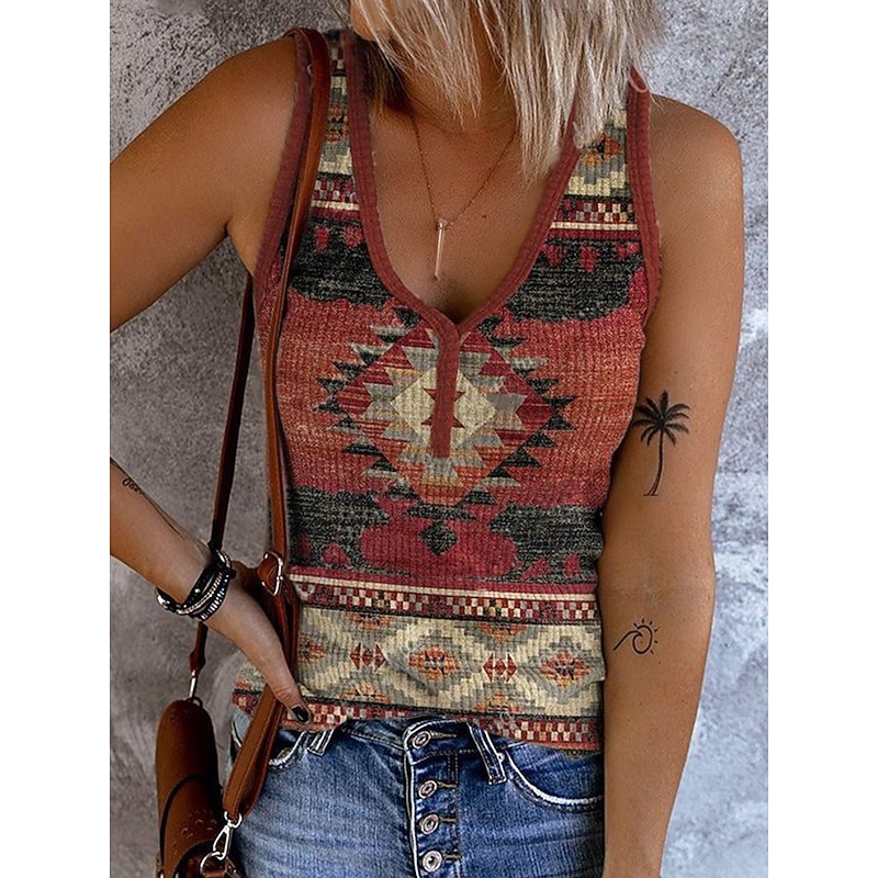 Women's Camisole Tank Top Graphic Geometric Vintage Stylish Western Sleeveless Sleeveless V Neck Crop Tops Daily Print Red Blue Brown Summer Spring2