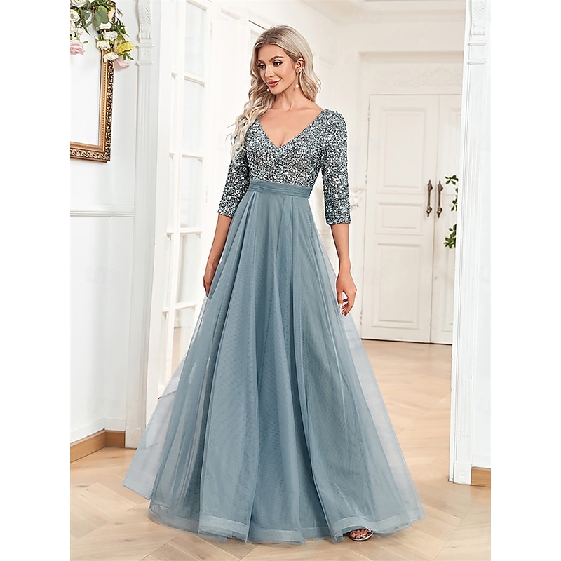 A-Line Quinceanera Dresses Elegant Dress Formal Wedding Floor Length Half Sleeve V Neck Tulle with Sequin3