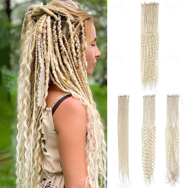 30 Inch 30 Strands SE Dreadlock Extensions3 In 1 Mixed Synthetic Dreads Extensions613 Blonde Curly&Straight&Boho Single Ended Dreads Extensions Hippie Style Dreadlock for Women